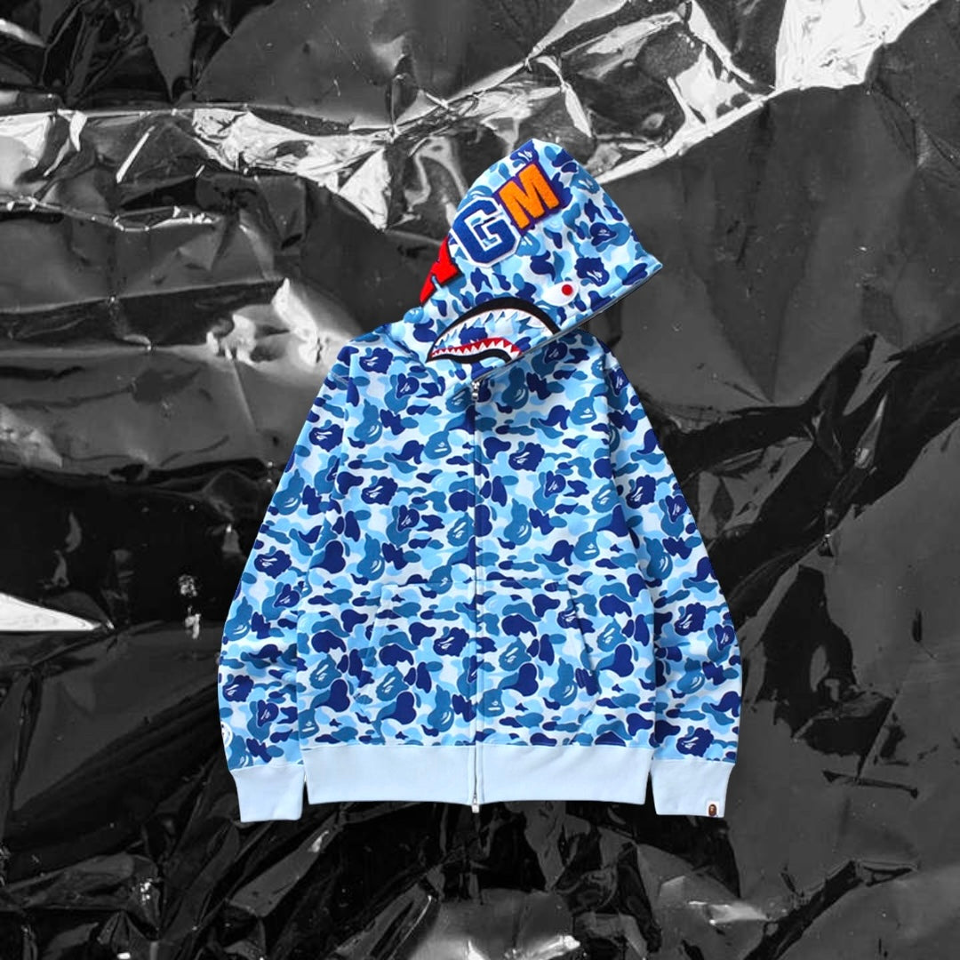 bape shark zip up hoodie light blue