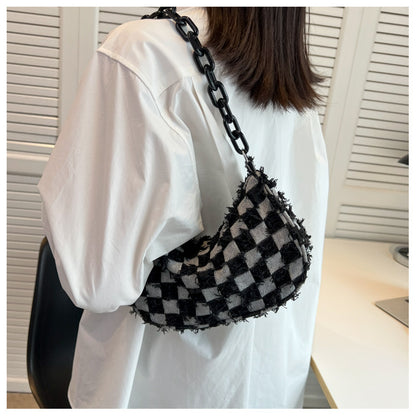 Vintage Denim Women Small Shoulder Bags Blue Checked Handbag Tote Acrylic Chain Underarm Bag Female Armpit Purse Top-Handle Bags