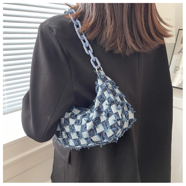 Vintage Denim Women Small Shoulder Bags Blue Checked Handbag Tote Acrylic Chain Underarm Bag Female Armpit Purse Top-Handle Bags