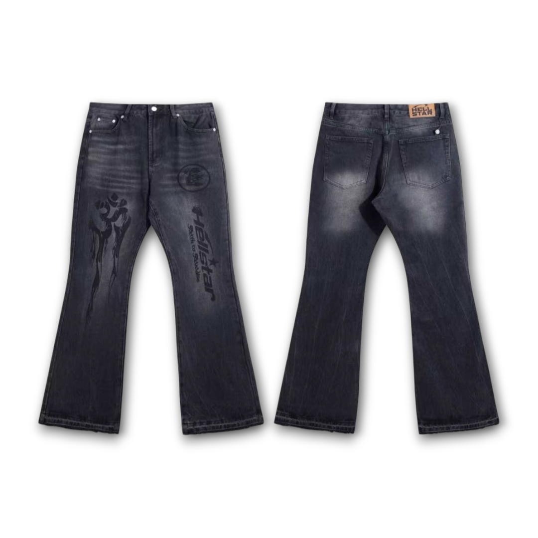 Hellstar Studios Flared Graphic Jeans 'Washed Black/Vintage Grey'