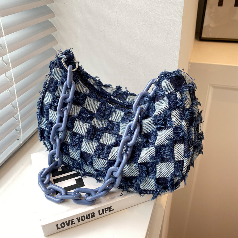 Vintage Denim Women Small Shoulder Bags Blue Checked Handbag Tote Acrylic Chain Underarm Bag Female Armpit Purse Top-Handle Bags