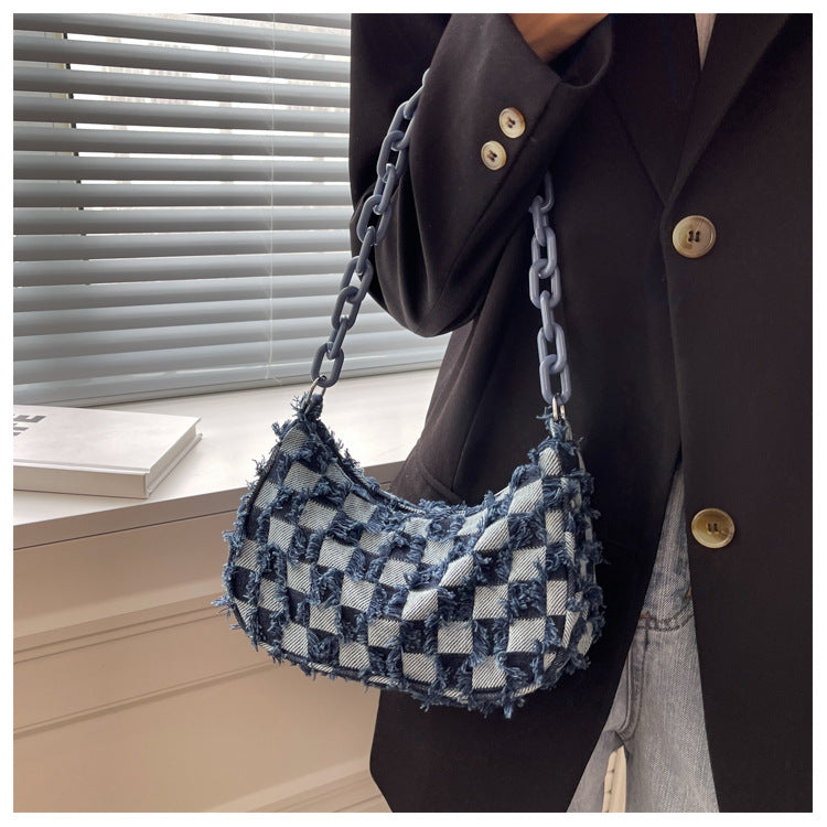 Vintage Denim Women Small Shoulder Bags Blue Checked Handbag Tote Acrylic Chain Underarm Bag Female Armpit Purse Top-Handle Bags